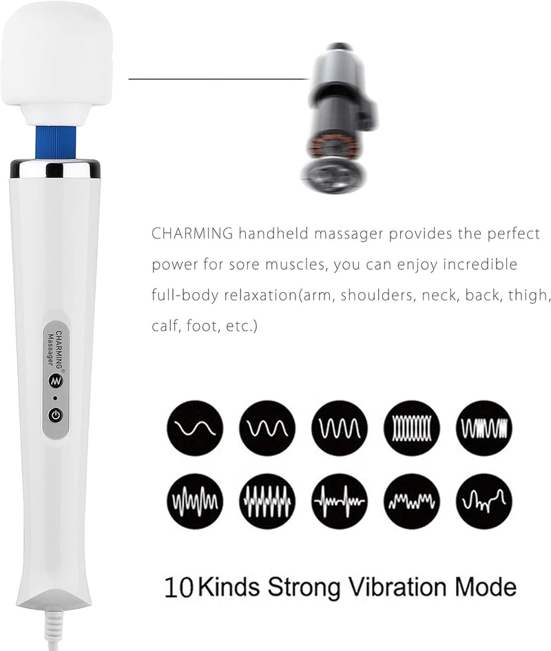 CHARMING 10 Speeds Wired Powerful Handheld Electric Back Massager with Strong Vibration, Personal Therapy Massager for Sports Recovery, Muscle Aches, Body Pain (White)