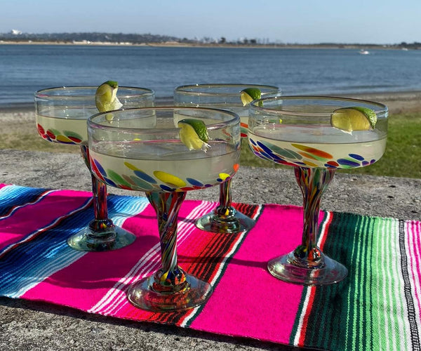 Mexican Hand Blown Glass – Set of 4 Hand Blown Margarita Glasses Confetti Carmen (16 oz)