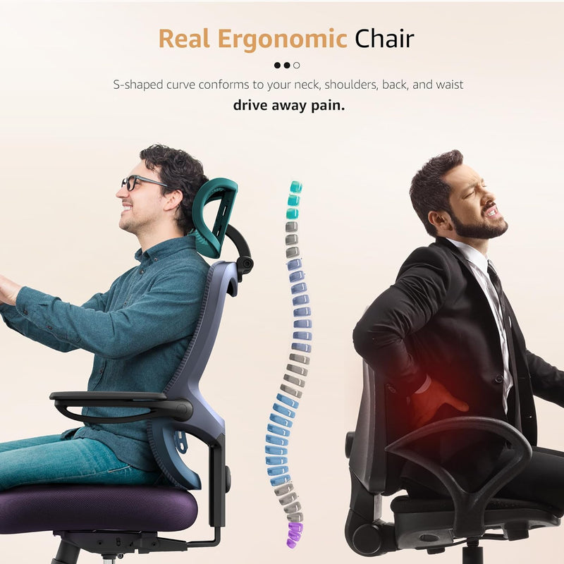 Ergonomic Office Chair Fully Adjustable - Comfortable Big and Tall Computer Desk Chairs with Lumbar Support, Mesh High Back Adjustable with 3D Headrest, 90-130° Tilt Lock, Flip-up Arms