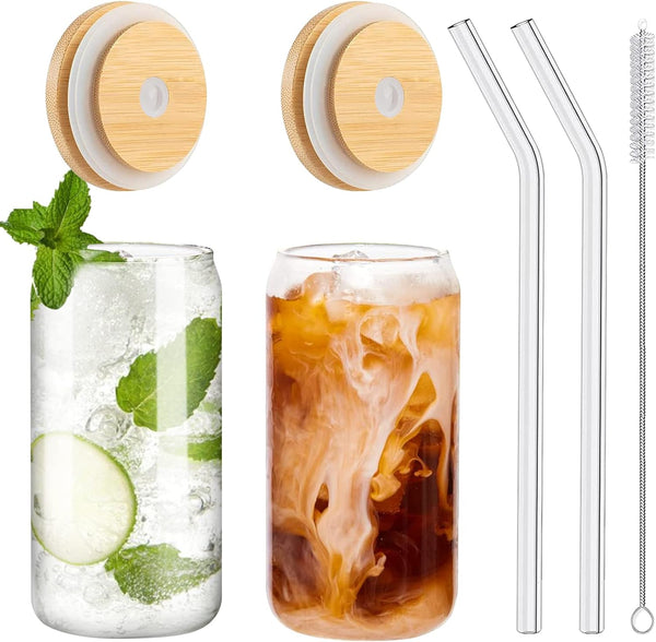 WISIMMALL Drinking Glasses with Bamboo Lids and Glass Straw 2PCS Set, 16oz Can Shaped Glass Cups with Lids and Straws, Beer Glasses, Iced Coffee Glasses, Soda, Gift 1 Cleaning Brushes
