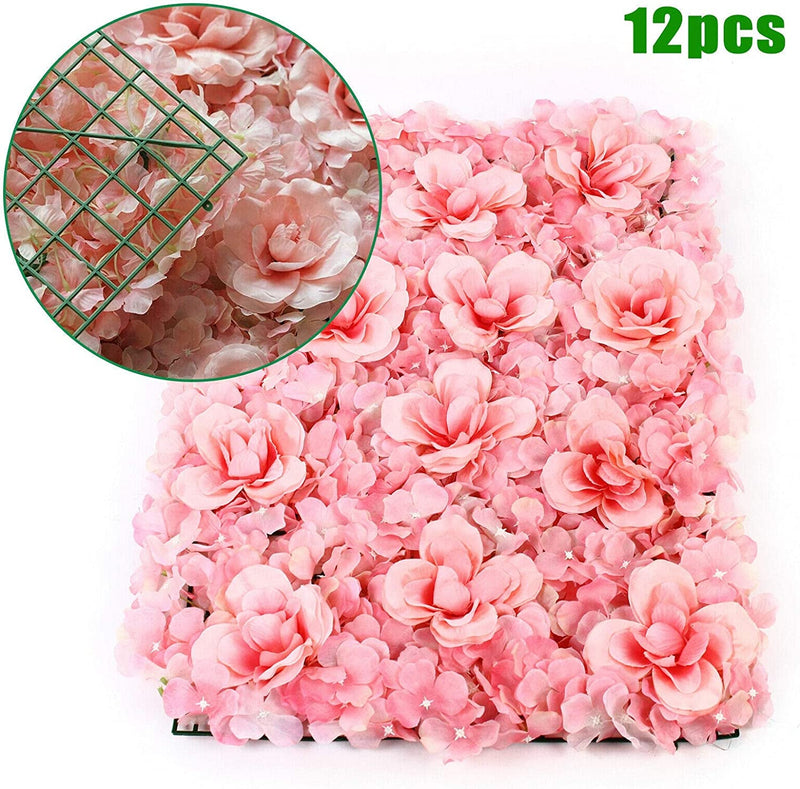 12 Pack Artificial Flower Wall Panels - Hydrangea and Rose Backdrop for Wedding and Events - Pink 12 PCS