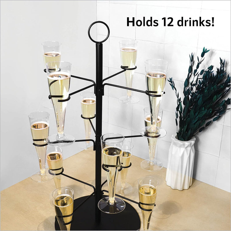 Cocktail Tree Stand, Wine Glass Flight Tasting Display For Drinks, 3 Tier - 12 Holders For Champagne, Cocktails, Martini, Margarita Cups at Weddings, Bridal Shower, Mimosa Bar Parties & Events (Black)