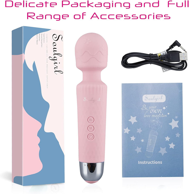 SOULGIRL Upgraded Personal Massager with 20 Modes & 8 Speeds, Rechargeable, Handheld & Portable,Waterproof & Flexible Head, Powerful & Quiet, Relieve Muscle Tension (Pink)