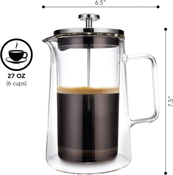 Kaffe Large French Press Coffee Maker & Camping Coffee Pot - Double-Wall Insulated Borosilicate Glass Tea & Coffee Press - Perfect Travel & Camping Cookware (6 cups / 0.8L)