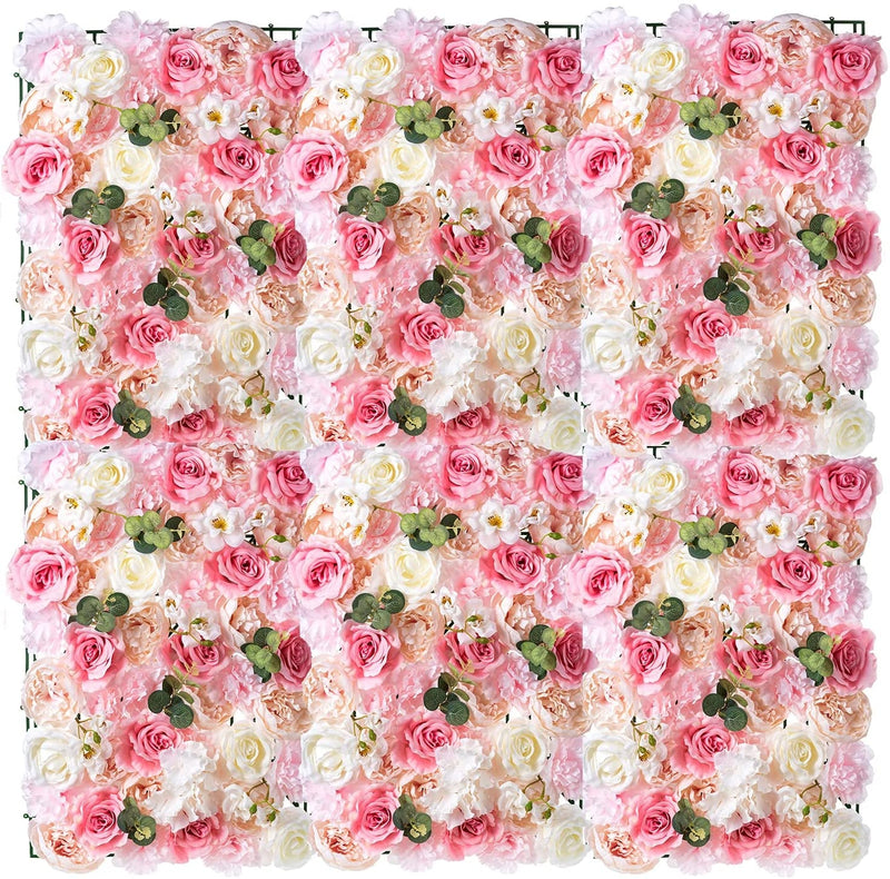 NUPTIO 6-Pc Flower Wall Panel Set - White  Pink Faux Rose Backdrop for Events and Decor