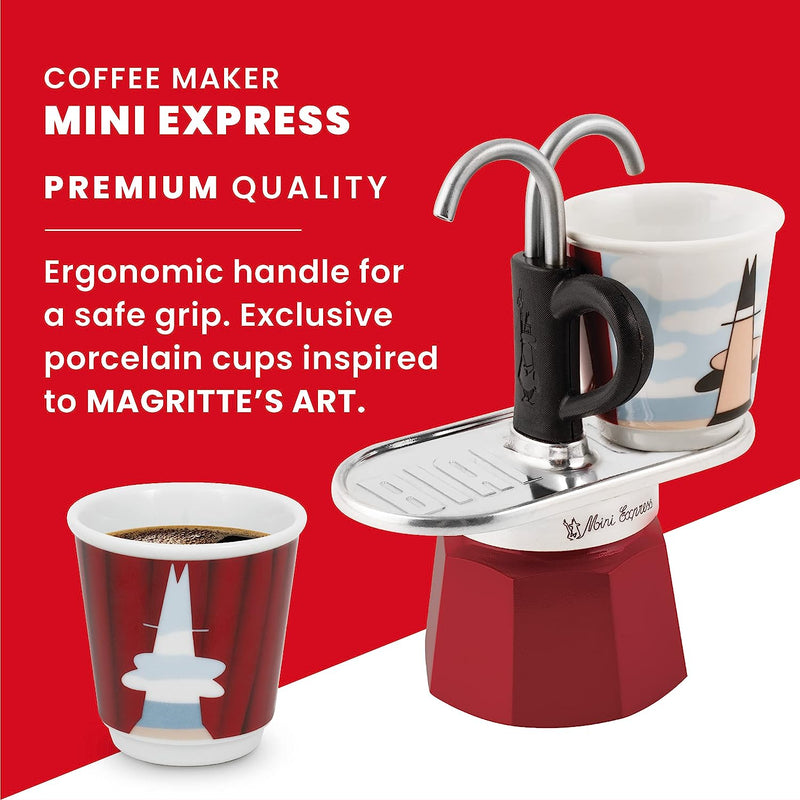 Bialetti - Mini Express Magritte: Moka Set includes Coffee Maker 2-Cup (2.8 Oz) + 2 shot glasses, Red, Aluminium
