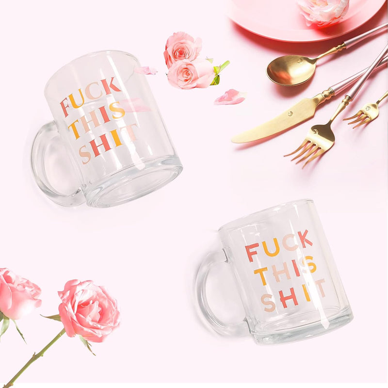 MARKABLE Fuck This Shit - Glass Coffee Mug, Large Wide Mouth Glass Mug, Clear Tea Cup with Handle, Perfect Design for Hot and Cold Drinks, 11 OZ Glass Cup for Beer, Coffee, Milk, Tea and Juice