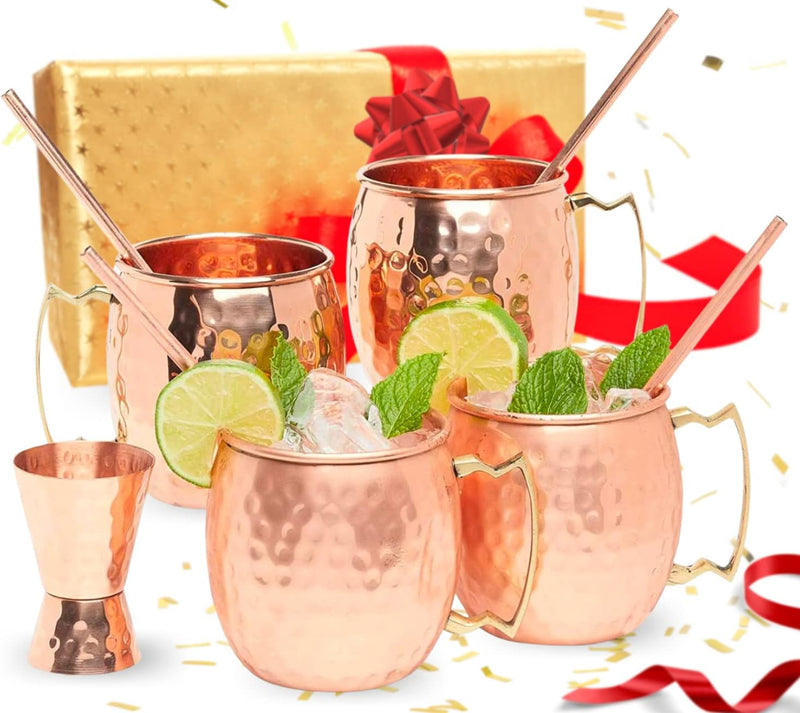 Kitchen Science [Gift Set] Moscow Mule Copper Mugs Set of 6 (16oz) w/Straws & Jigger | 100% Pure Copper Cups, Tarnish-Resistant Food Grade Lacquered Finish, Ergonomic Handle (No Rivet) w/Solid Grip