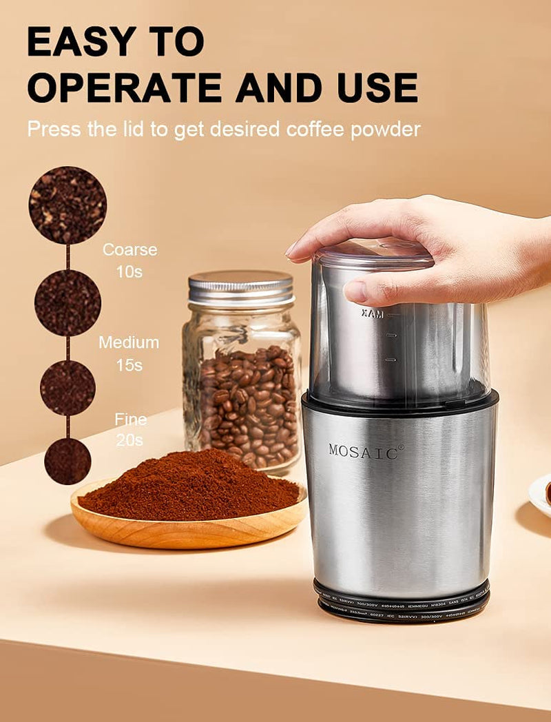 Coffee Grinder Electric, MOSAIC Herb Grinder, Spice Blender and Espresso Grinder with 2 Dishwahser Safe Stainless Steel Bowls for Coffee, Herb and Spices, Silver