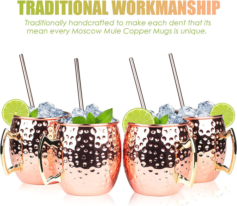 Set of 4 Copper Hammered Moscow Mule Mugs Drinking Cup with 4 Copper Straws, Great Dining Entertaining Bar Gift Set