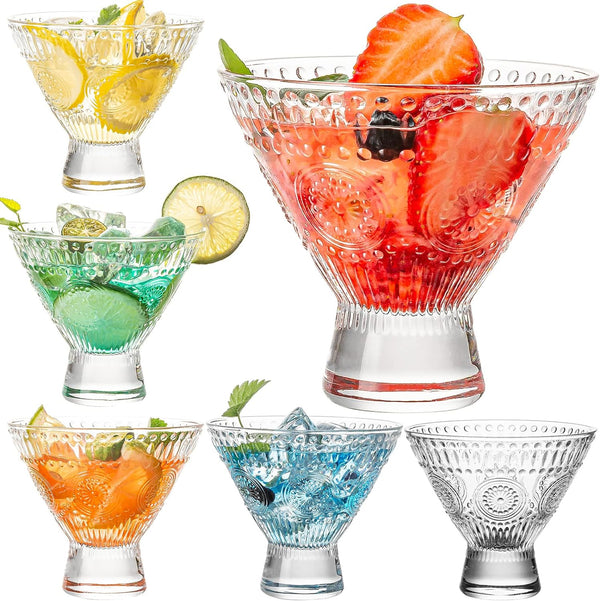 wookgreat Stemless Martini Glasses, Set of 6 Vintage Cocktail Glasses, 8oz Crystal Margarita Glasses, Heavy Base Glassware for Martini, Cocktail, Margarita, Cosmopolitan, Pisco Sour, Brandy, Manhattan