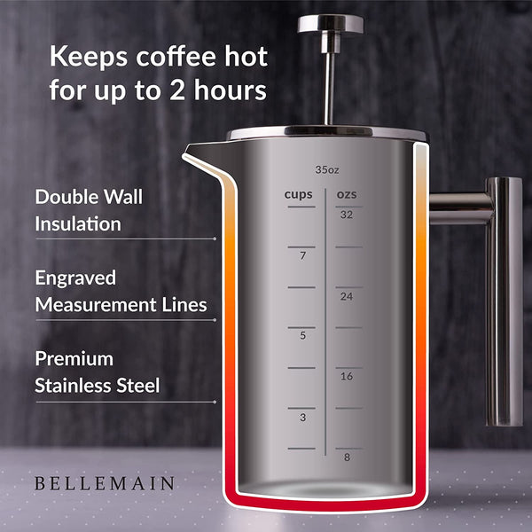 Bellemain French Press Coffee Maker Extra Filters Included, 35 oz, Stainless Steel