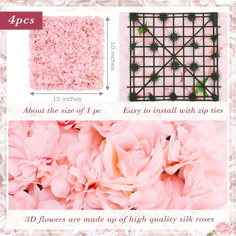 4-Pack Pink Artificial Flower Wall Panels - 10x10 Silk Rose Mat for Wedding Party  Photography