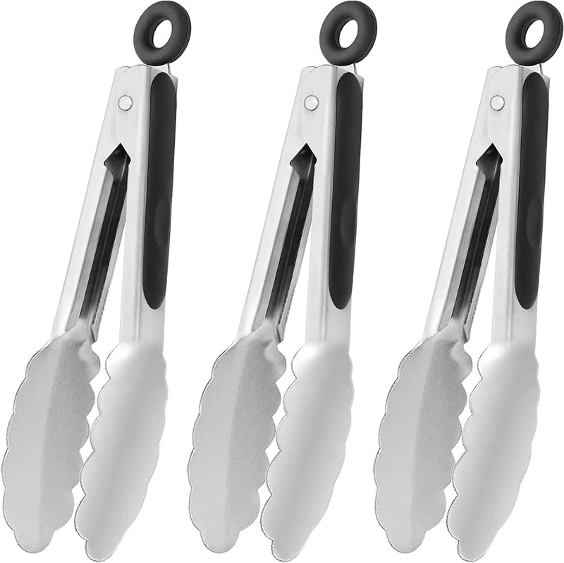 HINMAY Small Silicone Tongs 7-Inch Mini Serving Tongs, Set of 3 (Black Gray White)