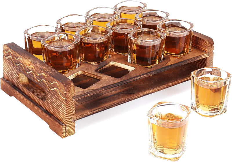 Vivimee Shot Glass Holder Set with 12 Clear 2.3 oz Square Crystal Shot Glasses & Rustic Burnt Wood Serving Tray for Whiskey, Tequila, Liqueurs, Party & Collection