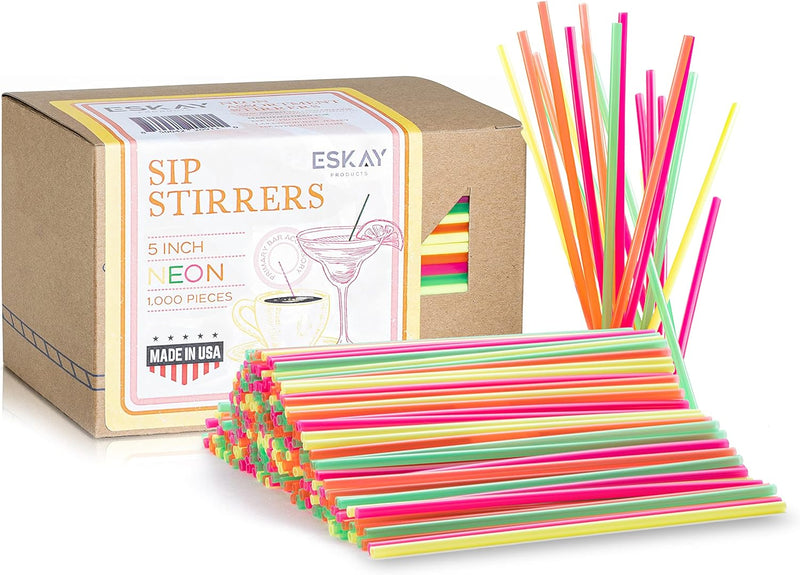 1000 Plastic Coffee Stirrers, 5-Inch Cocktail Straws and Stir Sticks for Coffee Bar and Restaurants, Made in USA (Neon)