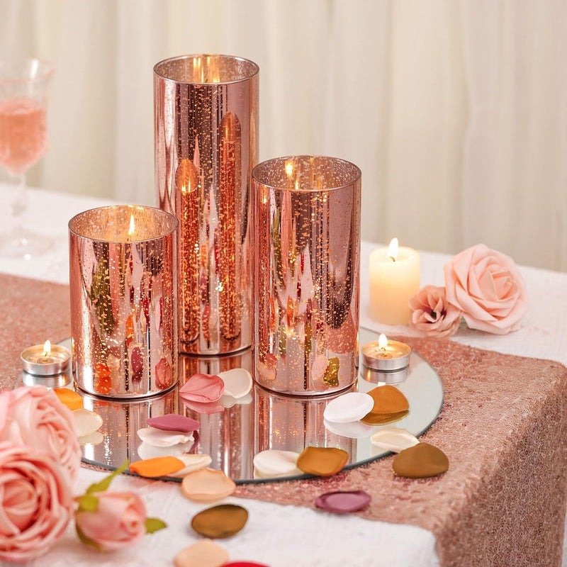 DEVI 3pcs Rose Gold Mercury Glass Candle Holders for Wedding Decor (D:3''), Hurricane Candle Holder for Bridal Shower, Cylinder Glass Vases for Centerpieces, Fall Decor, Christmas Home Table Decor,