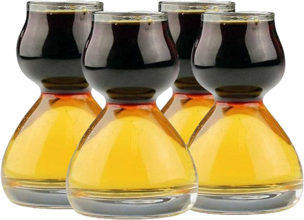 QUAFFER Double Bubble Layered Shot Glass Plus Recipe Card – Chaser Shot Glass Jigger for Smooth Shots – Fun Unique Split Shot Glasses Barware (1.25oz Top & 2.25oz Bottom, Set of 4)