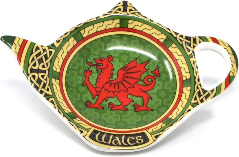 Wales Tea Bag Holder Porcelain - Welsh Red Dragon Cymru Tea Bag Saucer Irish Coaster/Ireland Teapot Shaped Resting Caddy Saucer/Made of New Bone China Diameter 4"/10cm