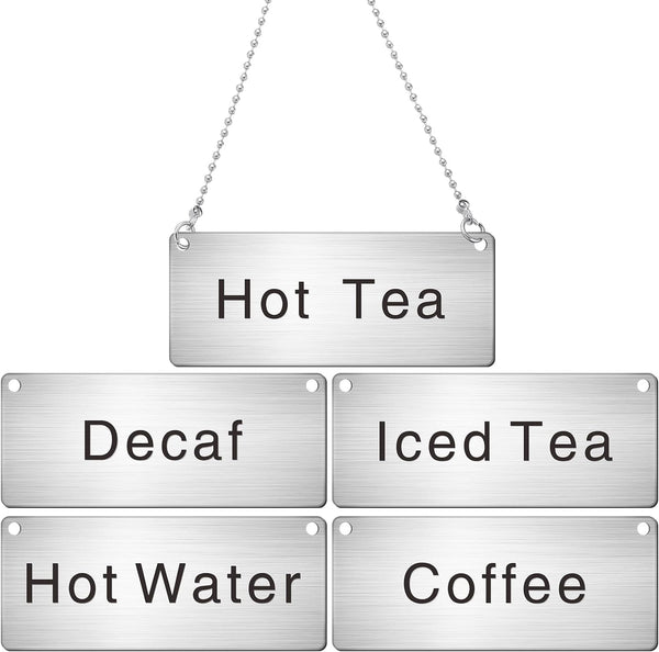 Hicarer 5 Pcs Stainless Steel Chain Signs 3-1/2" x 1-3/4" Beverage Table Display Signs Coffee, Decaf, Hot Water, Hot Tea, Iced Tea Hanging Chain Sign