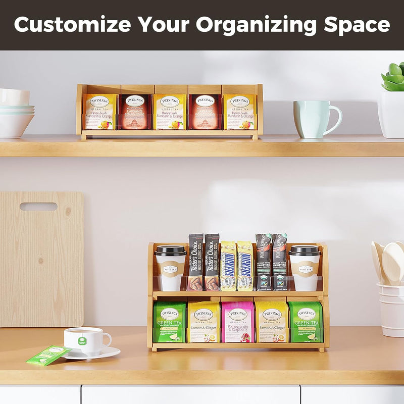 Purcion Bamboo Tea Bag Organizer, 3 Layer Stackable Tea Bag Storage Holder Solid Wood Tea Organizer with Removable Acrylic Divider Stores Over 360 Tea Bags for Cabinet Countertop Office Kitchen