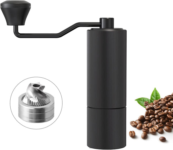Manual Coffee Grinder CNC Stainless Steel Conical Burr Double Bearing and Internal Adjustable Setting Foldable Handle Portable Small Hand Grinder for Gift giving Home Office Camping Traveling Black