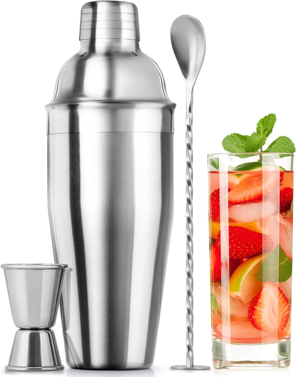 Large 24 oz Stainless Steel Cocktail Shaker Set - Mixed Drink Shaker - Martini Shaker Set with Built in Strainer, Double Sided Jigger & Combo Muddler Mixing Spoon - Pro Margarita Shaker - by Zulay