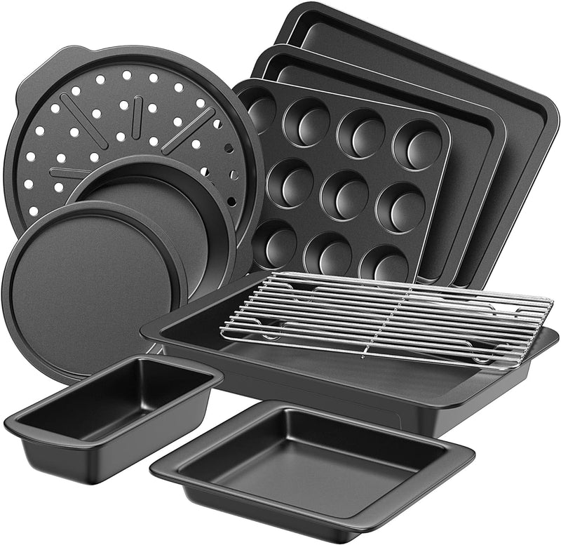 HONGBAKE Bakeware Sets, Baking Pans Set, Nonstick Oven Pan for Kitchen with Wider Grips, 10 Pieces Including Rack, Cookie Sheet, Cake Pans, Loaf Pan, Muffin Pan, Pizza Pan - Grey