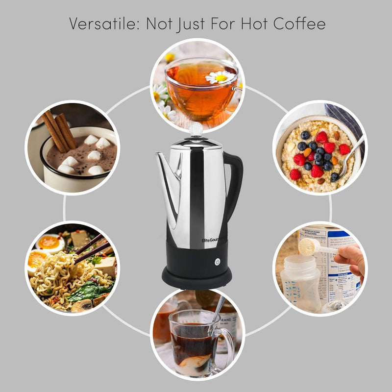 Elite Gourmet EC-120# Electric Coffee Percolator with Keep Warm, Clear Brew Progress Knob Cool-Touch Handle Cord-less Serve, 12-Cup, Stainless Steel