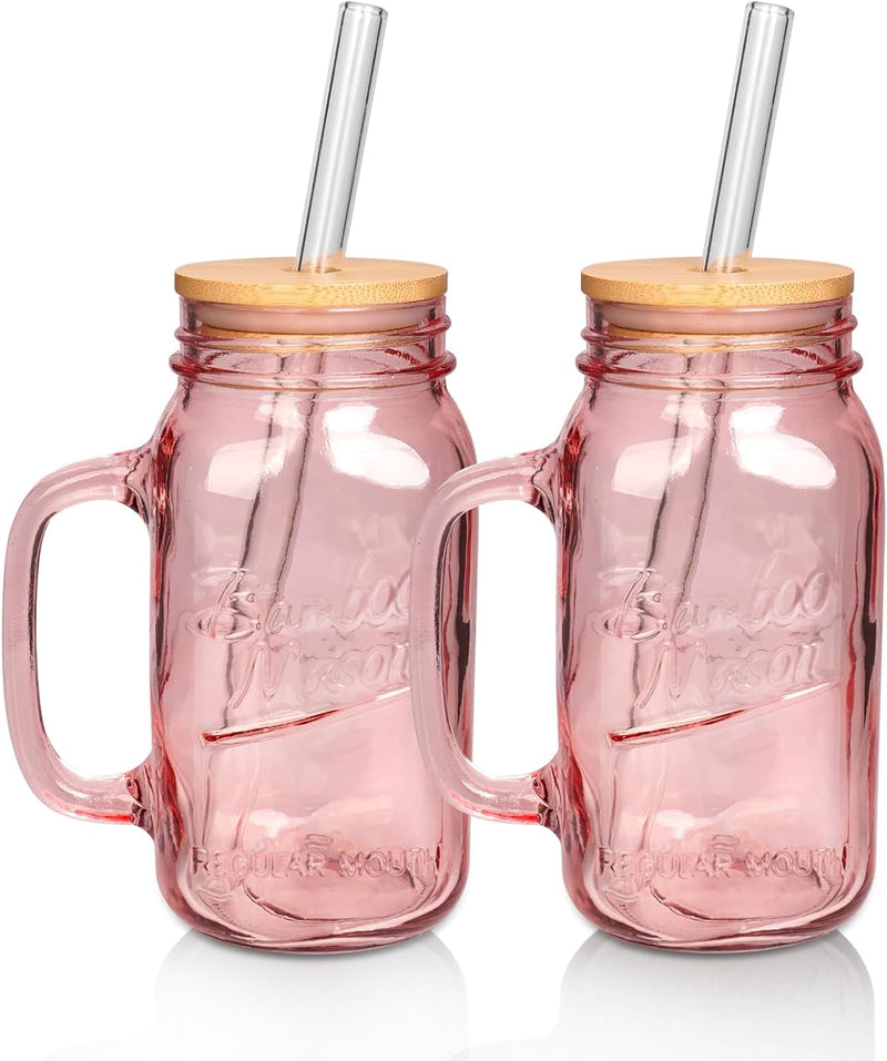 ANOTION Mason Jar with Lid and Straw, 24oz Regular Mouth Mason Jars with Handle Drinking Glasses Tumbler Reusable Boba Cups Smoothie Water Bottles for Iced Coffee (Classic 2 cups Style)