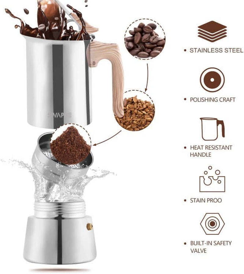 Sivaphe Stovetop Espresso Maker Stainless Steel 9 Cups, Induction-Capable Mocha Pot 450ml, Coffee Percolator with Step-by-step Instructions (1 Cup=50ml)