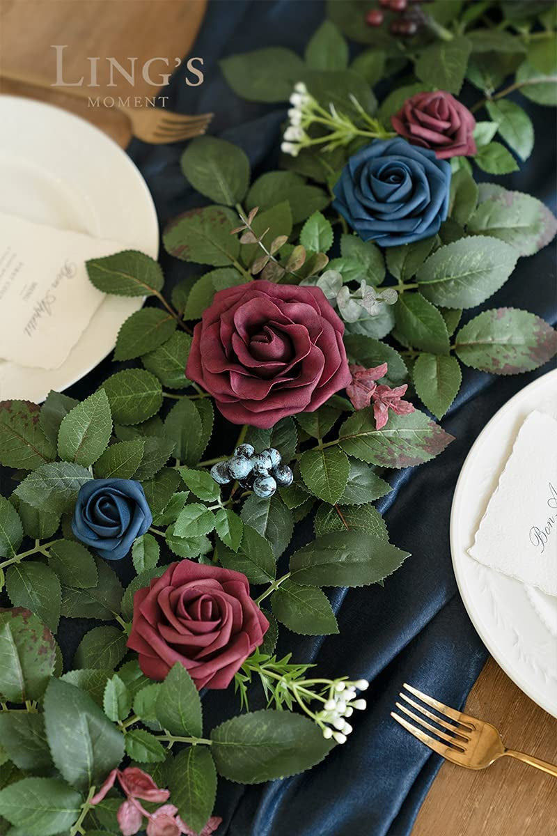5FT Artificial Rose Flower Runner - Wedding Ceremony Decorations Burgundy Navy