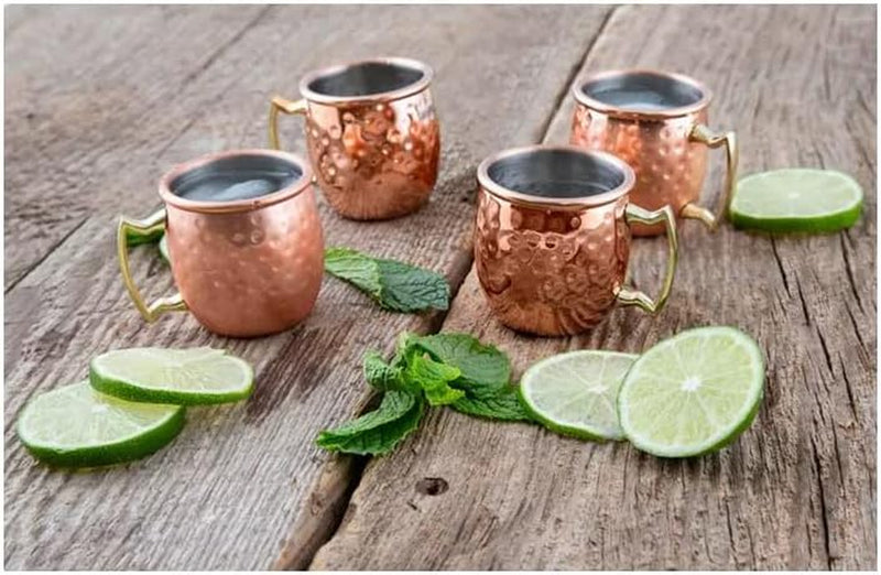 J&V TEXTILES Moscow Mule Copper Mugs - Gift Set of 4, 100% Solid Handcrafted Copper Cups - 2 Ounce Food Safe Hammered Mug For Mules