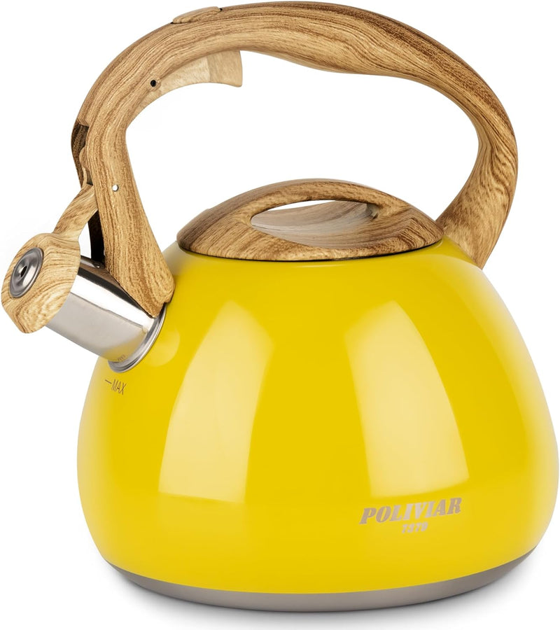 POLIVIAR Tea Kettle, 2.7 Quart Natural Stone Finish with Wood Pattern Handle Loud Whistle Food Grade Stainless Steel Teapot, Anti-Hot Handle and Anti-Rust, Suitable for All Heat Sources (JX2018-GR20)