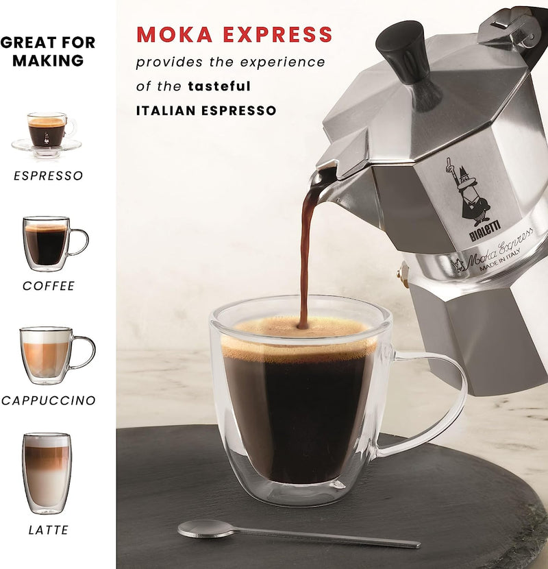 Bialetti - Moka Express: Iconic Stovetop Espresso Maker, Makes Real Italian Coffee, Moka Pot 3 Cups (4.3 Oz - 130 Ml), Aluminium, Silver