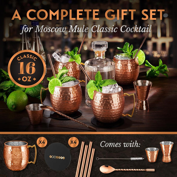 Yooreka Gift Set Moscow Mule Mugs Set of 4 16 oz Copper Plated Stainless Steel 4 Straws 4 Coasters Jigger Shot Glass Stirring Spoon, Cleaning Brush