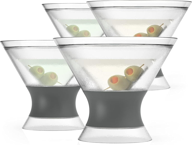 HOST Freeze Insulated Martini Cooling Cups, Plastic Freezer Gel Chiller Double Wall Stemless Cocktail Glass Set of 2, 9 oz, Grey