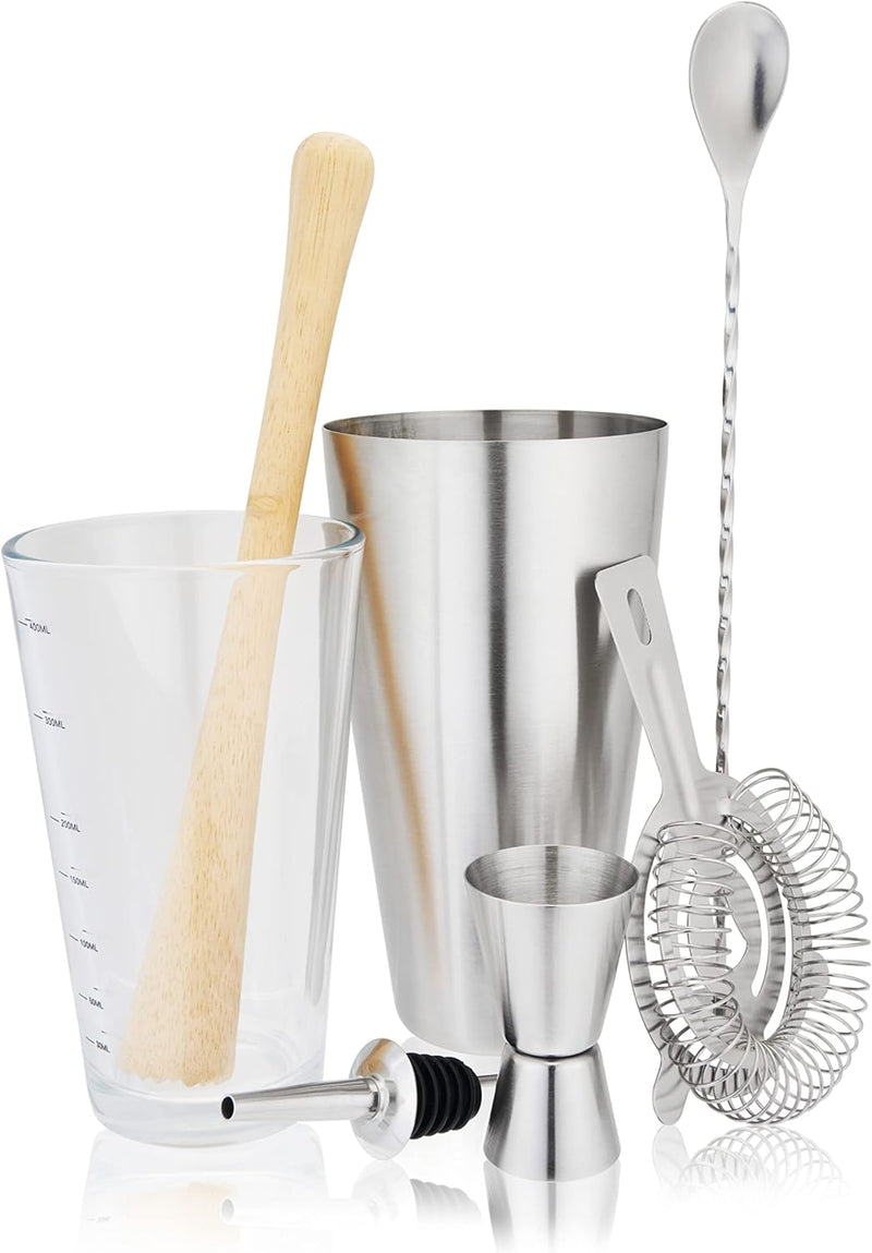 True Barware Set, Cocktail Shaker, Jigger, Muddler Barspoon, and Hawthorne Strainer, Prefect Craft Cocktail Mixing Kit, Bar Accessories and Gift, Stainless Steel, 4-Piece set, Red