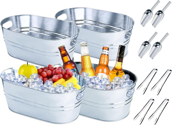 4 Pieces Ice Buckets for Parties, 4 Gallon Metal Ice Bucket with Ice Scoops and Tongs, Galvanized Tub Beverage Tubs for Beer Wine Champagne Drink, Perfect for Farmhouse Rustic Home Bar Party