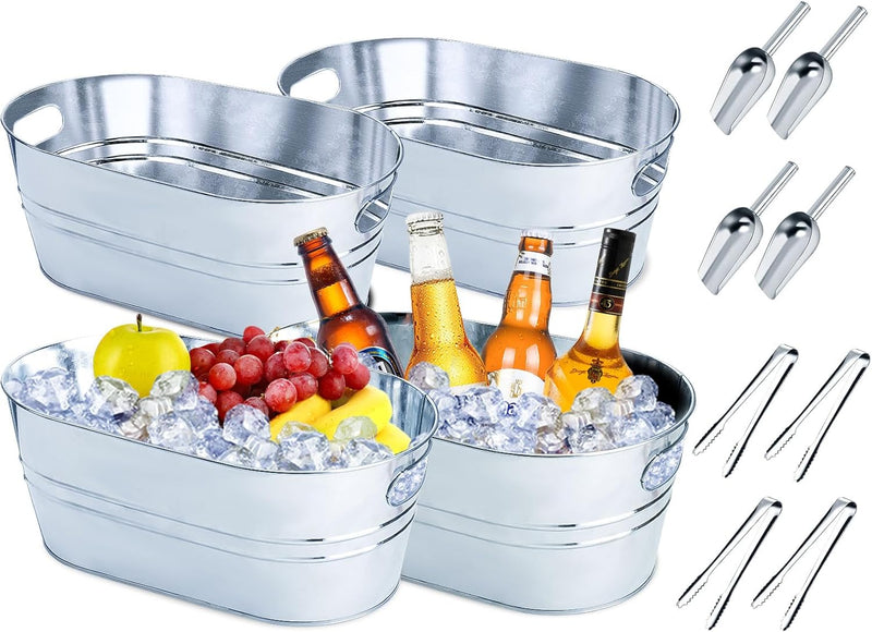 4 Pieces Ice Buckets for Parties, 4 Gallon Metal Ice Bucket with Ice Scoops and Tongs, Galvanized Tub Beverage Tubs for Beer Wine Champagne Drink, Perfect for Farmhouse Rustic Home Bar Party