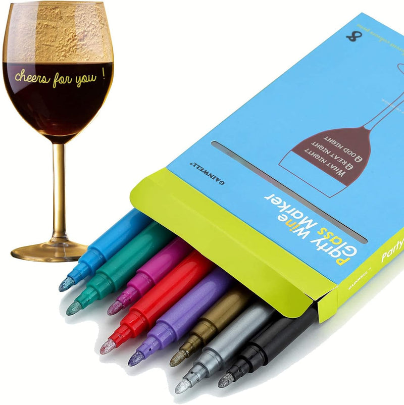 GAINWELL Wine Glass Markers – Pack of 8 Food-Safe Non-Toxic Wine Glass Marker Pens - Can also be Used on Ceramic Plates and other Glass and Dinnerware