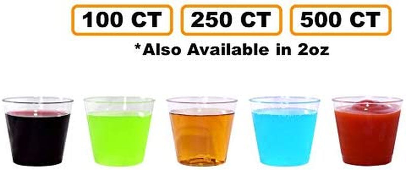 100 Shot Glasses Premium 1oz Clear Plastic Disposable Cups, Perfect Container for Jello Shots, Condiments, Tasting, Sauce, Dipping, Samples