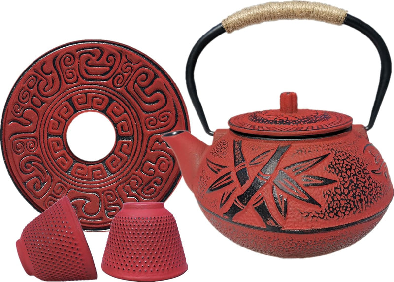 26 oz Japanese Cast Iron Teapot Cup Set Tea Kettle Maker Tetsubin with Infuser and Trivet, Black with Plum Blossom (Black Plum & Bamboo)