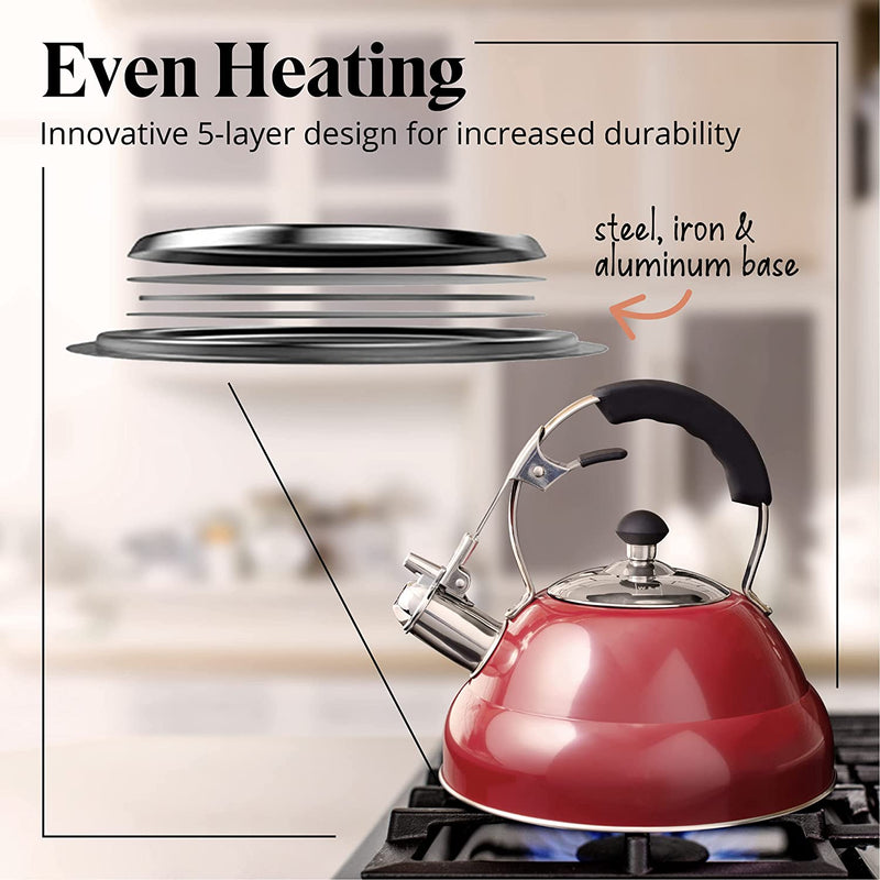 Willow & Everett Whistling Tea Kettle for Stove Top - 2.75 Quart Tea Pots for Stove Top w/Stainless Steel, Mirror Finish & Strainer