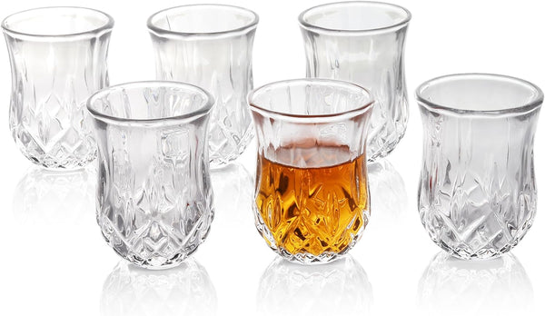 QUAFFER Shot Glass Set of 6 – Elegant Diamond Patterned Shot Glasses 1.75 oz – Classic Whisky Vodka Tequila Sherry Brandy Cordial Mini Snifters Glasses - Perfect for Parties, Bars, Events, Home Bar