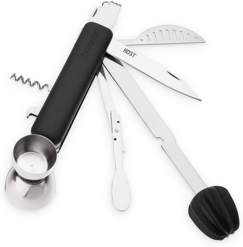 HOST All in One Bartender Multitool Set | 10 in 1 Tool - Strainer | Muddler & Reamer | Stirrer | Jigger | Zester | Corkscrew | Bottle Opener | Knife & Channel Knife Bar Essential Equipment Kit