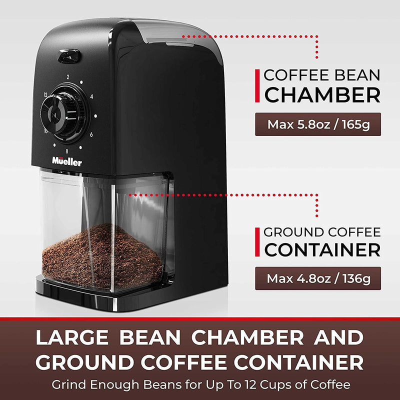 Mueller SuperGrind Burr Coffee Grinder Electric with Removable Burr Grinder Part - 12 Cups of Coffee, 17 Grind Settings with 5,8oz/164g Coffee Bean Hopper Capacity, Matte Black