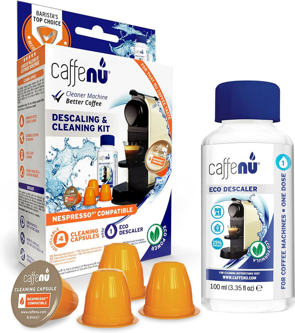 Caffenu Nespresso Descaling & Cleaning Kit. 3 Month Supply. 3.38 Fl Oz Bottle of Nespresso Descaling Solution & 4 Nespresso Cleaning Pods. Removes Limescale