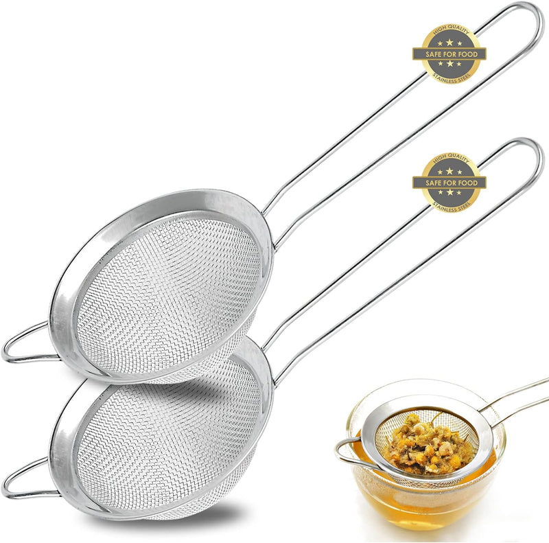 Fine Mesh Strainer, Stainless Steel 3 Inch Sturdy Long Handle Double Straining Small Mini Sifter, Metal Bar Conical Sieve for Tea Coffee Cocktail Juice Sugar and Spices, Pack of 1 (Silver)