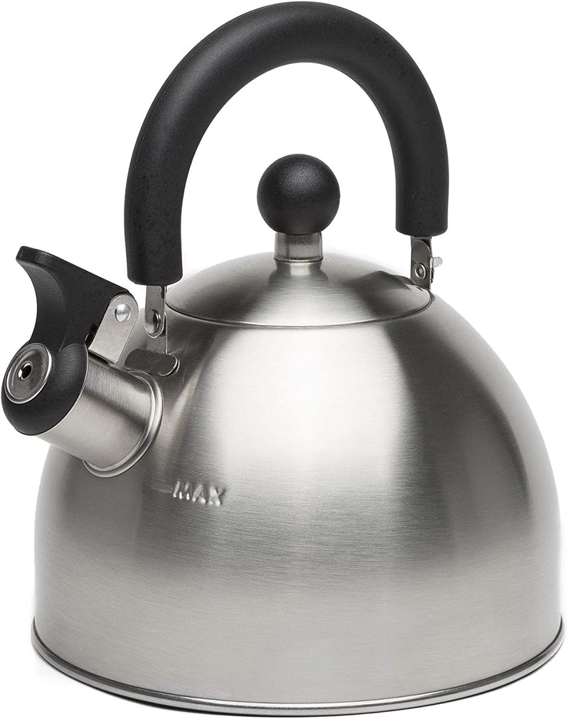 Primula Stewart Whistling Stovetop Tea Kettle Food Grade Stainless Steel, Hot Water Fast to Boil, Cool Touch Folding, 1.5-Quart, Brushed with Black Handle